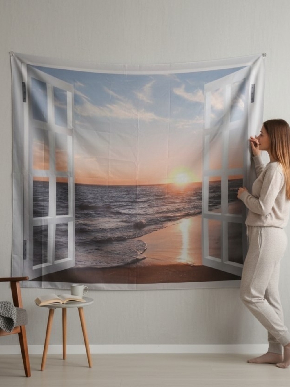 Coastal Sunrise Window Scene Tapestry - White Window Frame 3108
